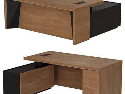 Modern Wooden Office Desk With Drawers And Black Accent Panels 3d model