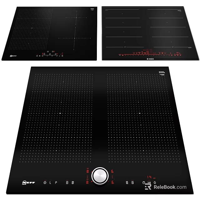 Multiple Black Kitchen Induction Cooktop Panels With Control Zones And Red Indicators 3d model
