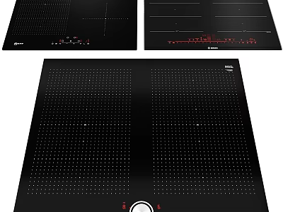 Multiple Black Kitchen Induction Cooktop Panels With Control Zones And Red Indicators 3d model