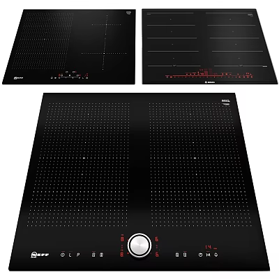 Multiple Black Kitchen Induction Cooktop Panels With Control Zones And Red Indicators 3d model
