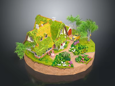 Fairy Tale Cottage Miniature Model With Green Mossy Roof Garden Flowers Trees Pathway And Car 3d model