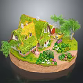 Fairy Tale Cottage Miniature Model With Green Mossy Roof Garden Flowers Trees Pathway And Car