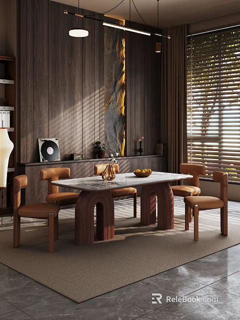 Elegant Restaurant Dining With Marble Tabletop Wooden Legs Brown Chairs Wooden Wall And Natural Light 3d model 