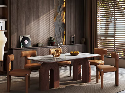 Elegant Restaurant Dining With Marble Tabletop Wooden Legs Brown Chairs Wooden Wall And Natural Light 3d model