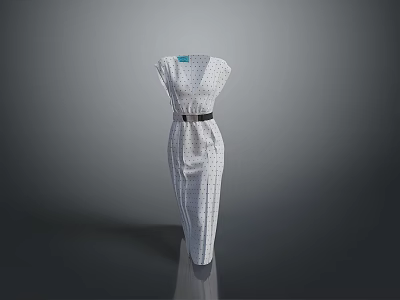 Man Modeling White Polka Dot Dress With Black Belt On Gray Gradient Reflective Floor 3d model