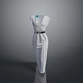 Man Modeling White Polka Dot Dress With Black Belt On Gray Gradient Reflective Floor