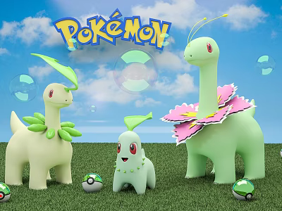 Pokémon Plush Toys with Leaf Decorations and Poké Balls on Green Grass Under Blue Sky 3d model