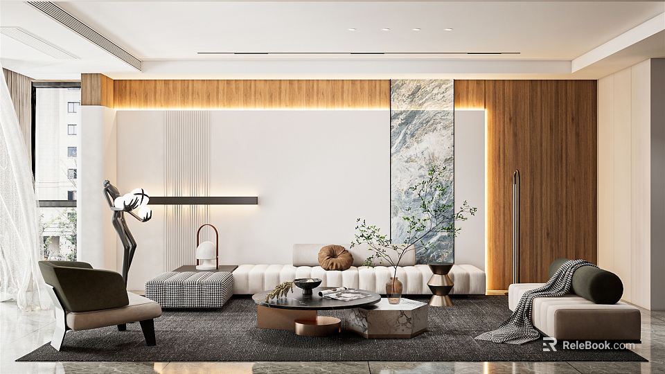 Modern Living Room Interior Design With Wooden Wall Panels Sofa Coffee Tables And Decorative Painting 3d model 