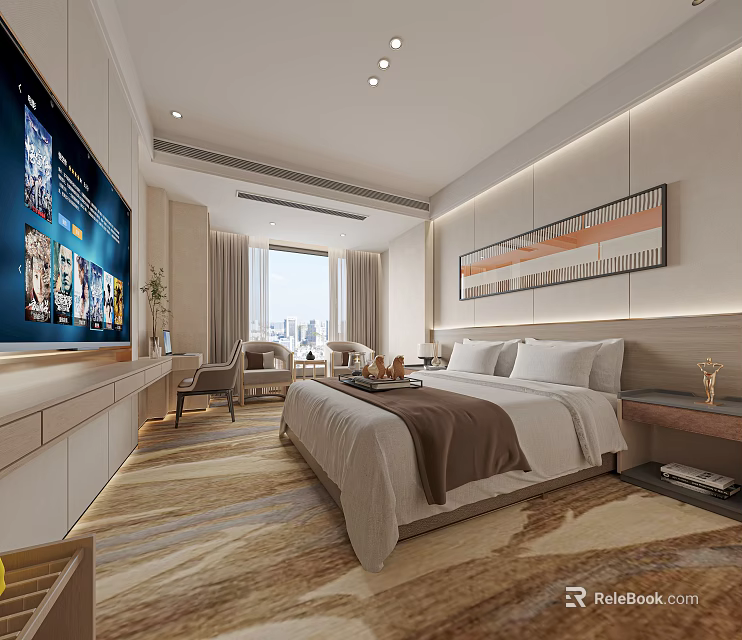 Modern Hotel Guest Room With King Bed Flat Screen TV And City View Window 3d model 