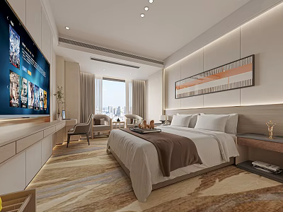 Modern Hotel Guest Room With King Bed Flat Screen TV And City View Window 3d model