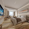 Modern Hotel Guest Room With King Bed Flat Screen TV And City View Window