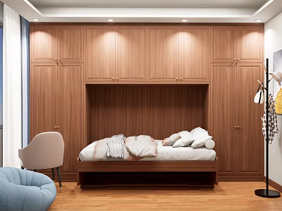 Modern Cozy Bedroom Interior With Wooden Walls Wardrobes Bed And Furniture 3d model