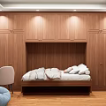 Modern Cozy Bedroom Interior With Wooden Walls Wardrobes Bed And Furniture