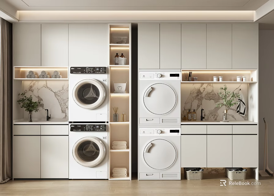 Modern Laundry Cabinetry With White Storage Cabinets Washing Machine Dryer Marble Texture And Plants 3d model 