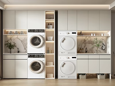 Modern Laundry Cabinetry With White Storage Cabinets Washing Machine Dryer Marble Texture And Plants 3d model