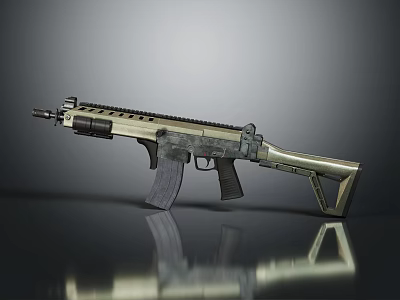 Modern Assault Rifle With Gold And Black Grip Magazine Stock On Reflective Surface 3d model