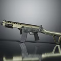 Modern Assault Rifle With Gold And Black Grip Magazine Stock On Reflective Surface