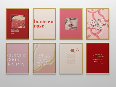 Colorful Decorative Wall Art Prints With Typography Abstract Designs And Gold Frames 3d model