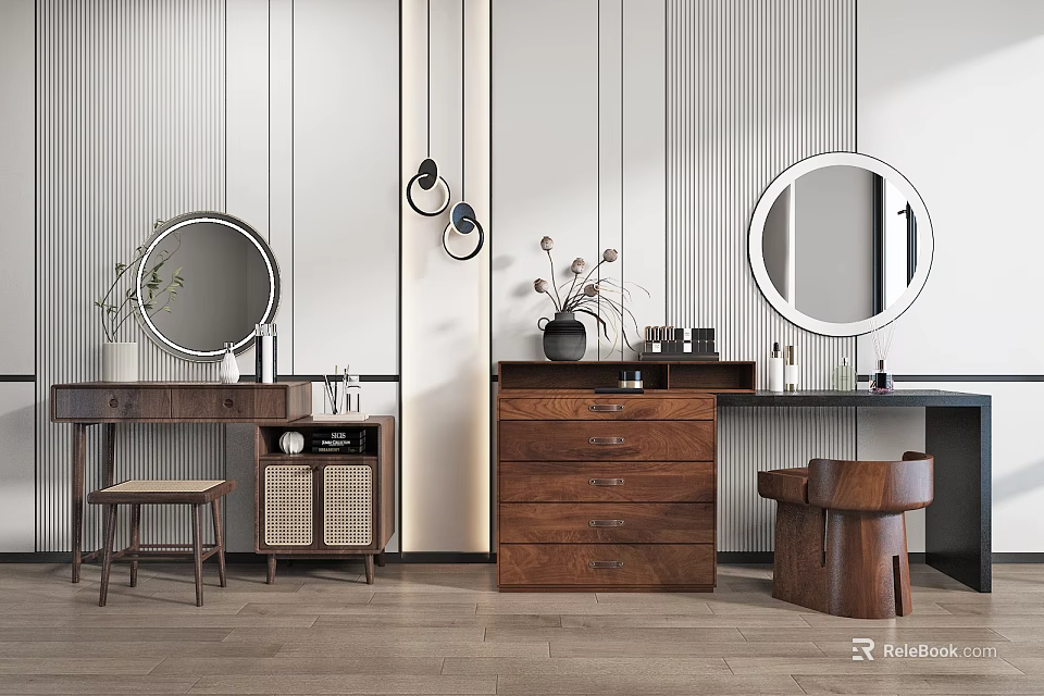 Modern Wooden Dressing Table Interior With Round Mirror Drawers Stool And Decor 3d model