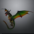 Mythical Dragon With Green Red Wings Open Mouth Horns And Long Tail Gray Background