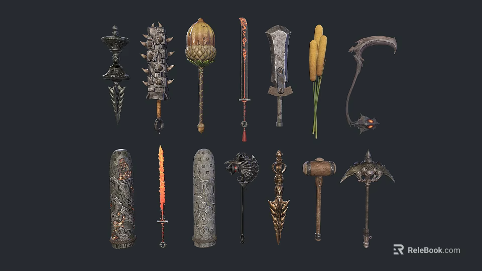 Diverse Decorative Weapons Collection Including Swords Axes Hammers And Staffs With Intricate Designs 3d model 