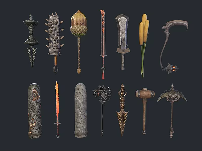 Diverse Decorative Weapons Collection Including Swords Axes Hammers And Staffs With Intricate Designs 3d model