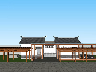 Classic Chinese Style Building With Traditional Roof Wooden Pergola and Stone Pavement 3d model