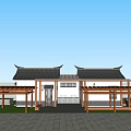 Classic Chinese Style Building With Traditional Roof Wooden Pergola and Stone Pavement