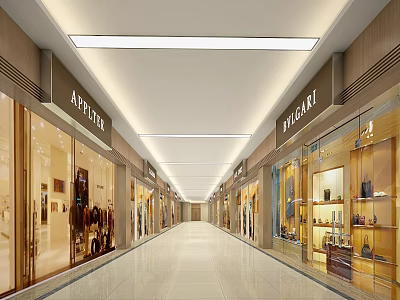 Modern Shopping Mall Hall With Brand Stores Glass Storefronts And Bright Lighting 3d model