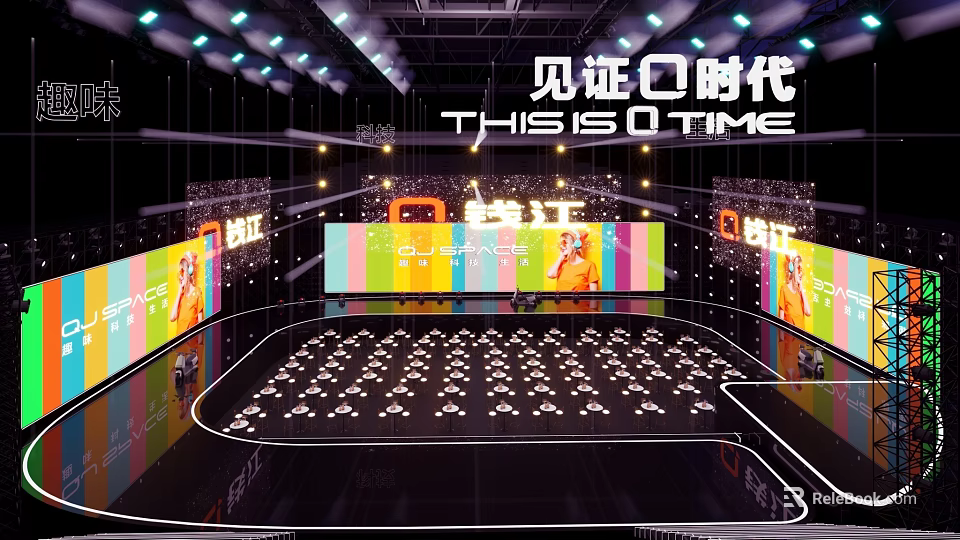O Time Event Stage With Colorful Screens Lighting And Audience Seats 3d model 