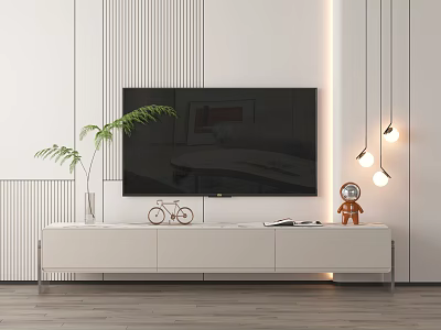Modern White TV Stand With Flat Screen TV Green Plant Figurine And Pendant Lights 3d model