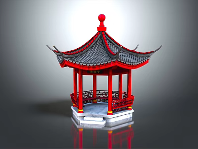 Traditional Chinese Pavilion With Red Pillars Black Tiled Roof Red Finial And Carved Railings 3d model