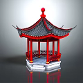 Traditional Chinese Pavilion With Red Pillars Black Tiled Roof Red Finial And Carved Railings