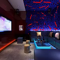 Modern KTV Lounge Interior With City Skyline TV Blue Tables And Comfortable Sofas