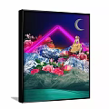 Girl Portrait Painting With Crescent Moon Pink Neon Triangle Roses And Snowy Mountains
