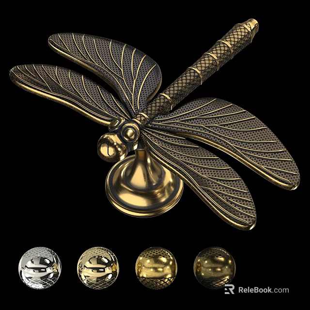 Gold Dragonfly Decorative Ornament Set With Textured Wings And Silver Gold Bases 3d model 