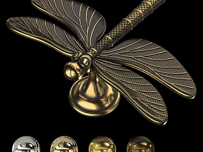 Gold Dragonfly Decorative Ornament Set With Textured Wings And Silver Gold Bases 3d model
