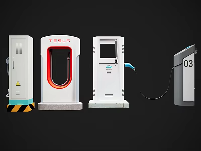 Different Electric Vehicle Charger Designs Including Tesla Model And Standard Units 3d model