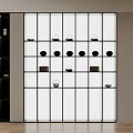 Stylish Glass Partition With Shelves Holding Black Brown Bowls And Green Plant