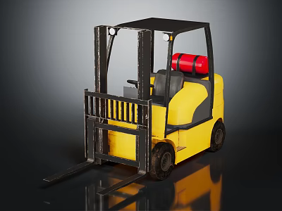 Yellow Industrial Forklift With Black Cab Red Gas Cylinder And Forks 3d model
