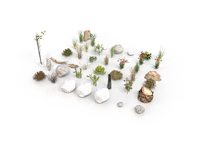 Various Wood and Stone Decorative Items With Small Plants and Natural Logs 3d model