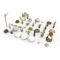 Various Wood and Stone Decorative Items With Small Plants and Natural Logs