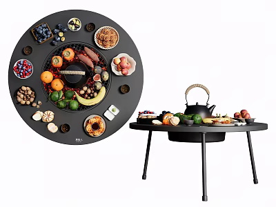 Round Fire Pit Table With Assorted Fruits Nuts Pastries And Teapot On Stand 3d model