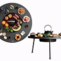 Round Fire Pit Table With Assorted Fruits Nuts Pastries And Teapot On Stand