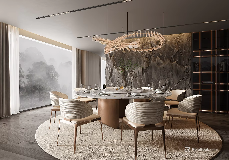 Modern Restaurant Interior Design With Round Dining Table Hanging Pendant Light And Rock Feature Wall 3d model 