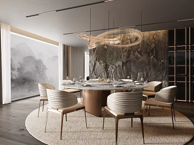 Modern Restaurant Interior Design With Round Dining Table Hanging Pendant Light And Rock Feature Wall 3d model
