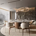 Modern Restaurant Interior Design With Round Dining Table Hanging Pendant Light And Rock Feature Wall