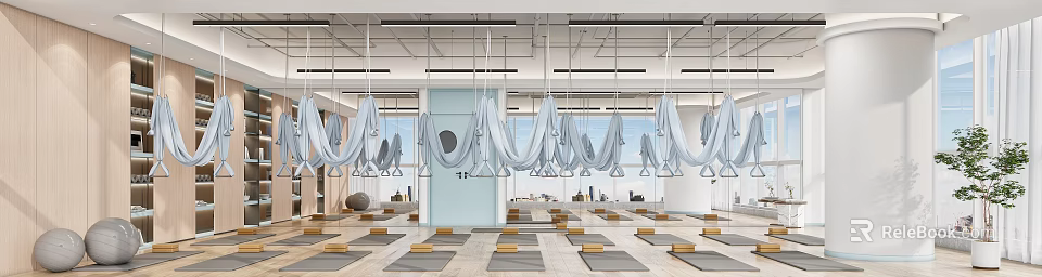 Bright Aerial Yoga Studio With Hammocks Mats Mirrors And Exercise Equipment 3d model 