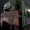 Vintage Green Train Car Featuring Tarpaulin Cover Wooden Crates Barrels And Overhead Lights On Tracks