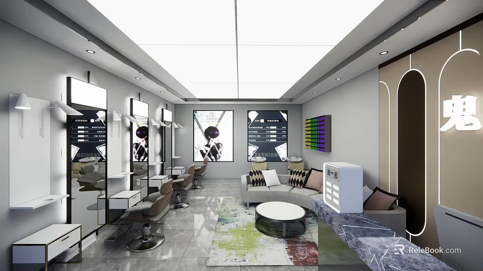 Modern Clothing Store Interior With Mirrors Sofa Colorful Carpet And Decorative Paintings 3d model 